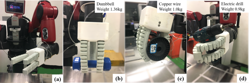 Fig. 14. Grasping test for the proposed robotic hand. (a) Robotic hand installed on Baxter. (b) Grasp a dumbbell. (c) Grasp a coil. (d) Grasp a drill.